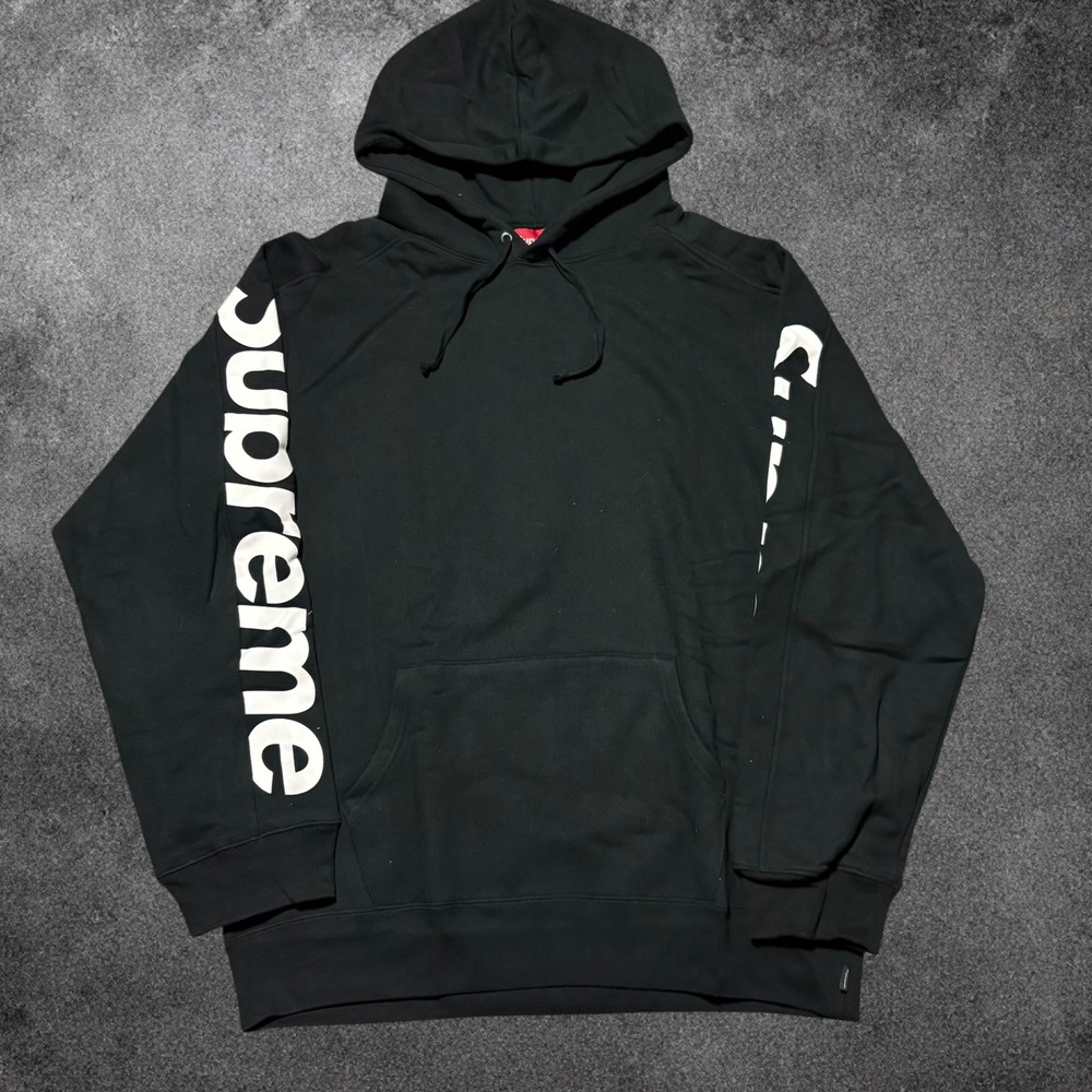 Supreme Sideline Hooded Sweatshirt Mens Medium Black White Sleeve Logo Hoodie